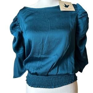 Paper Crane Teal Blue Ruched Elastic Waist Button Back Women's Top Sz M NWT